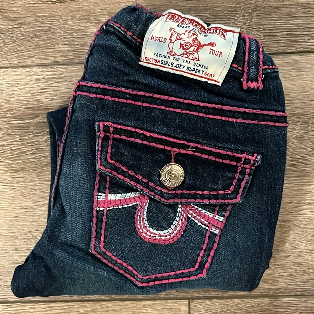 Girls Dark Wash Jeans with Pink Stitching - True Religion